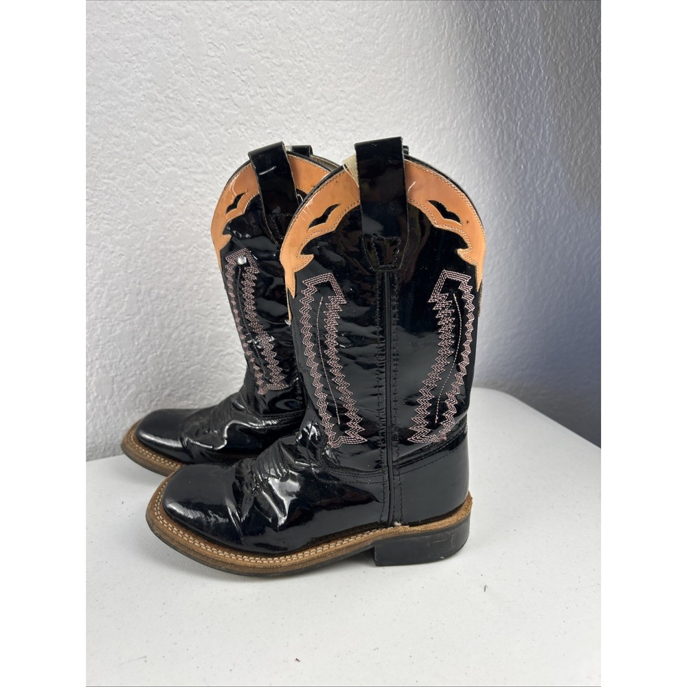Boots Old West Cowboy Size 13 Leather Youth BSC1843 Square Toe Black/Pink